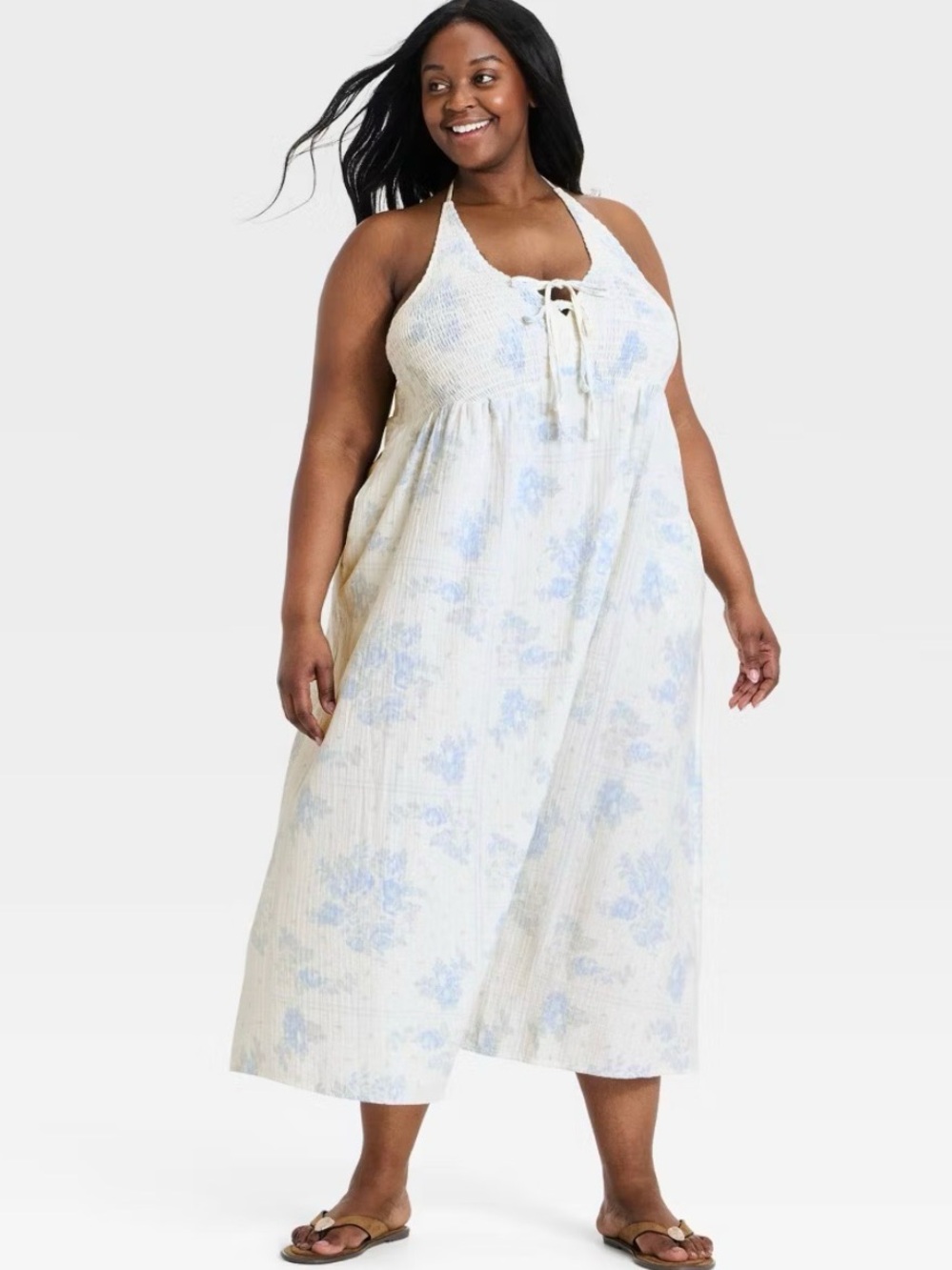 Universal Thread Cream and Light Blue Floral Halter Maxi Dress